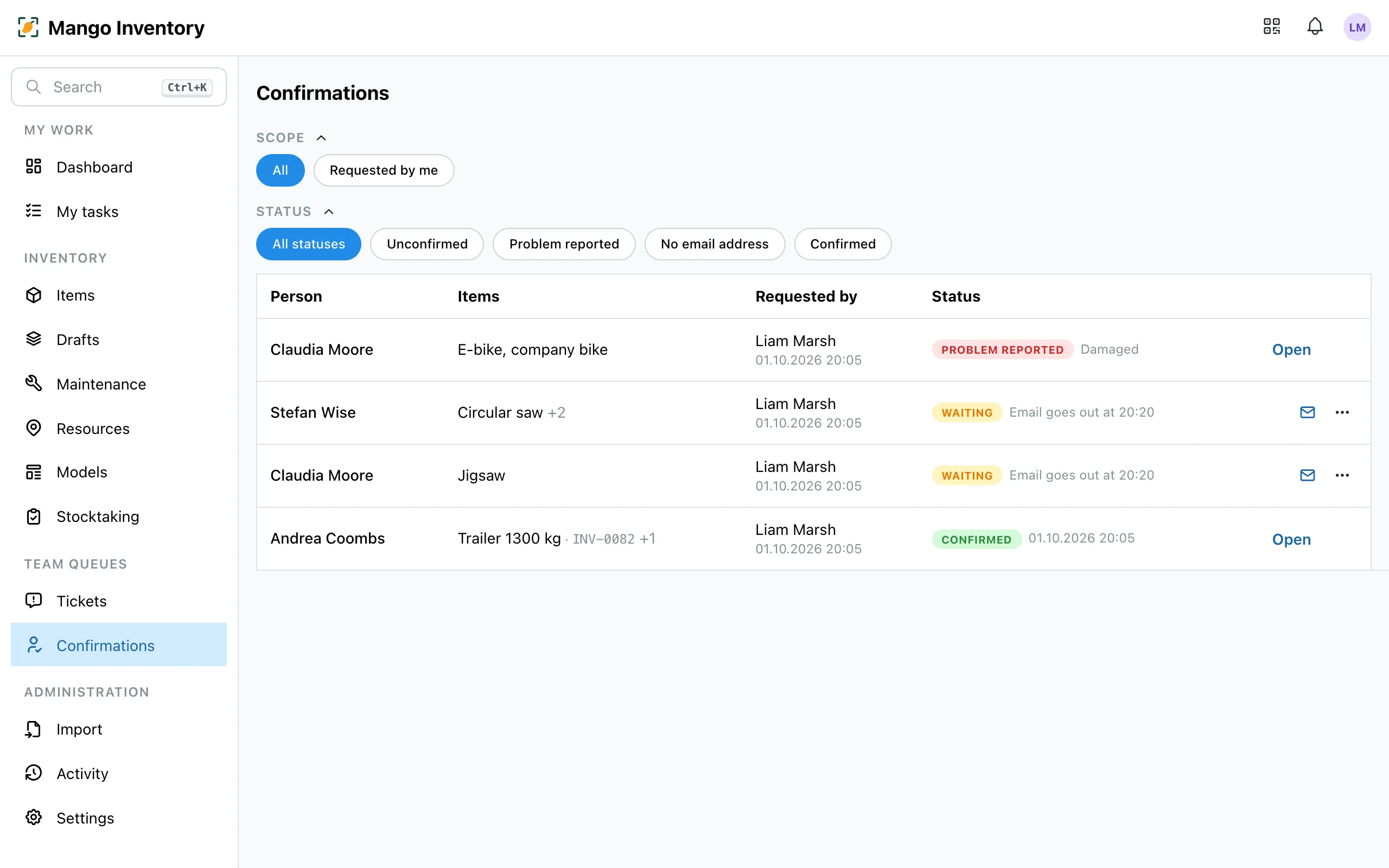 The "Confirmations" overview with open and confirmed requests and one reported problem
