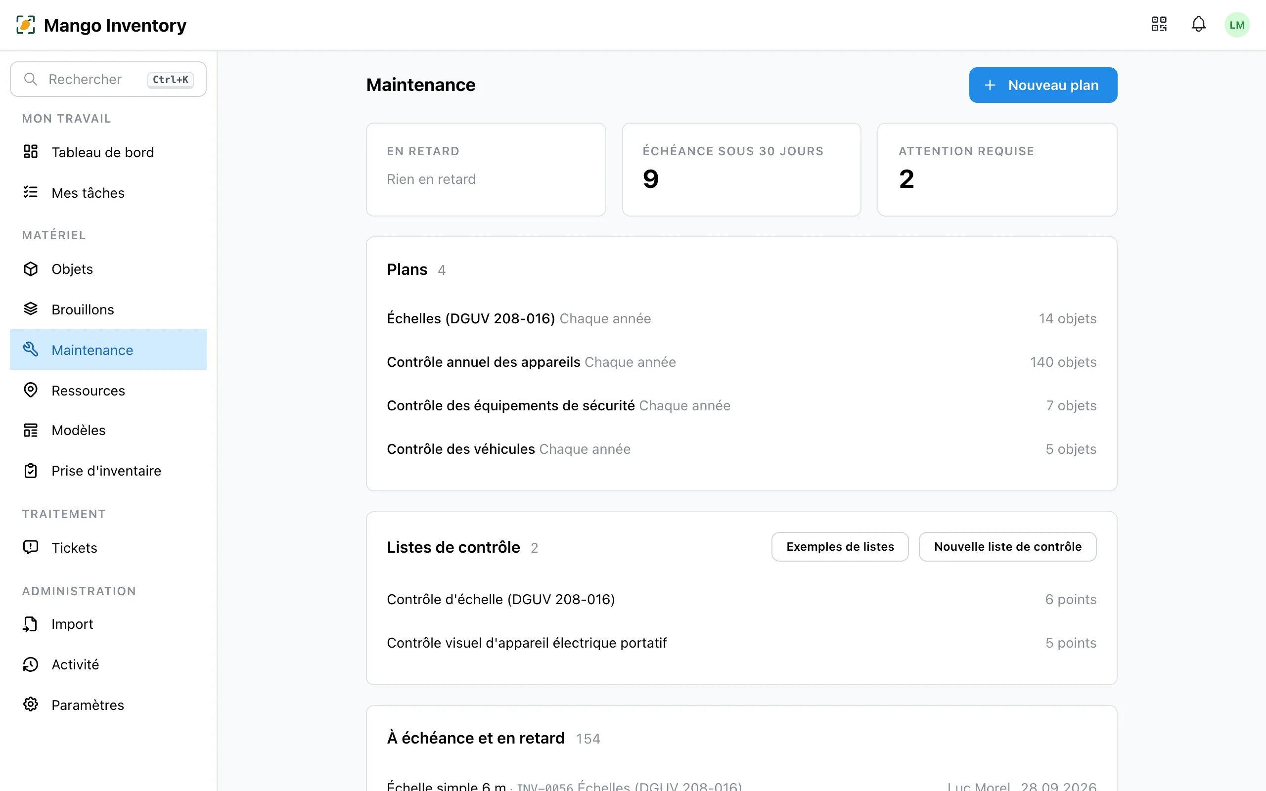 Vue d'ensemble de la maintenance avec les échéances et la couverture