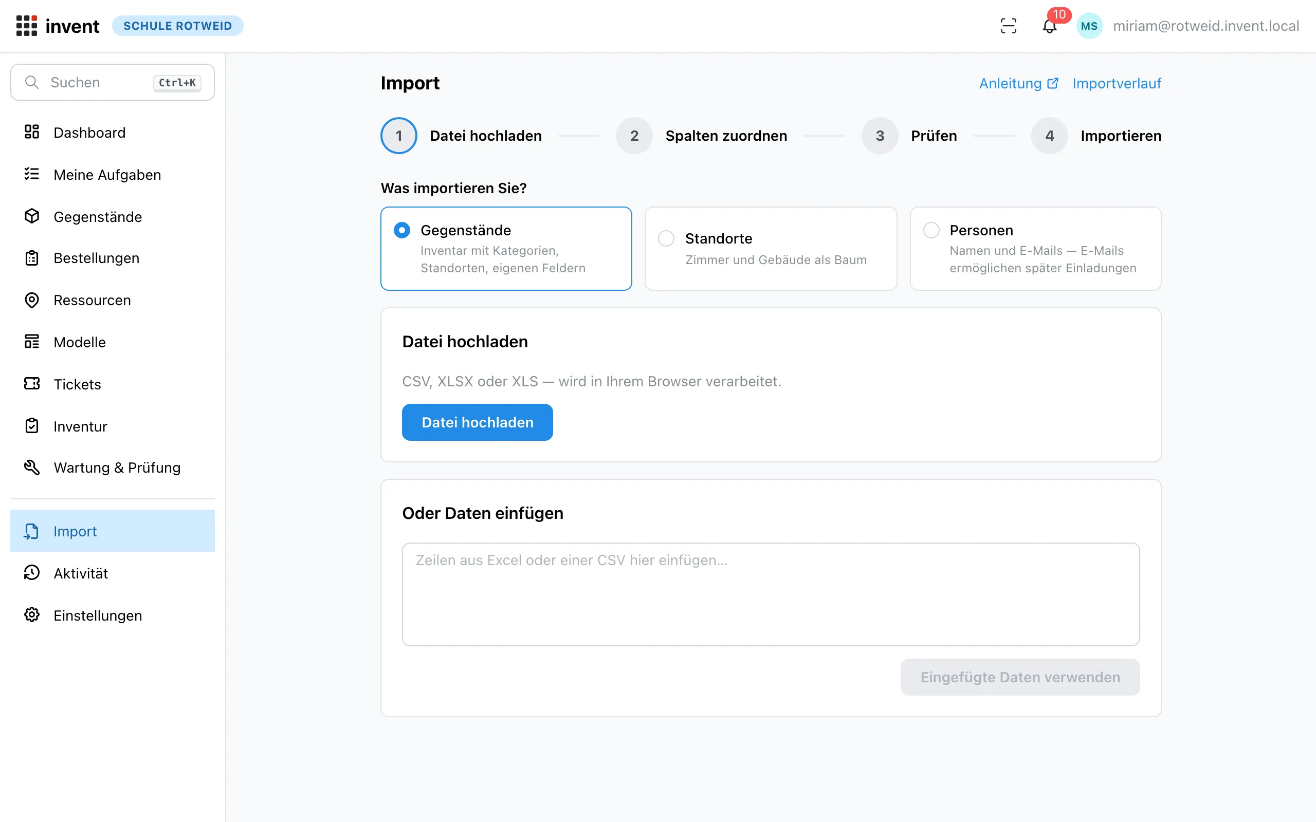Import-Schritt 1: Datei hochladen