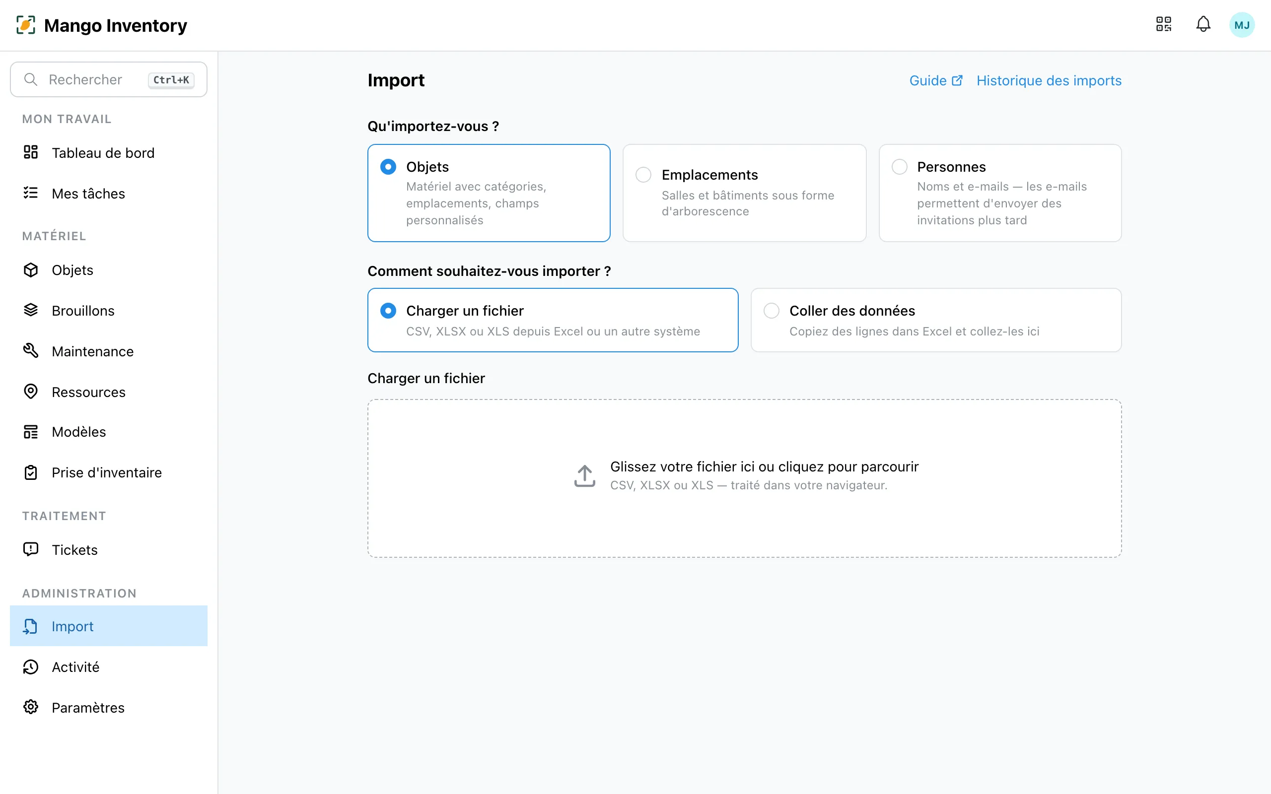 Import, étape 1 : charger le fichier