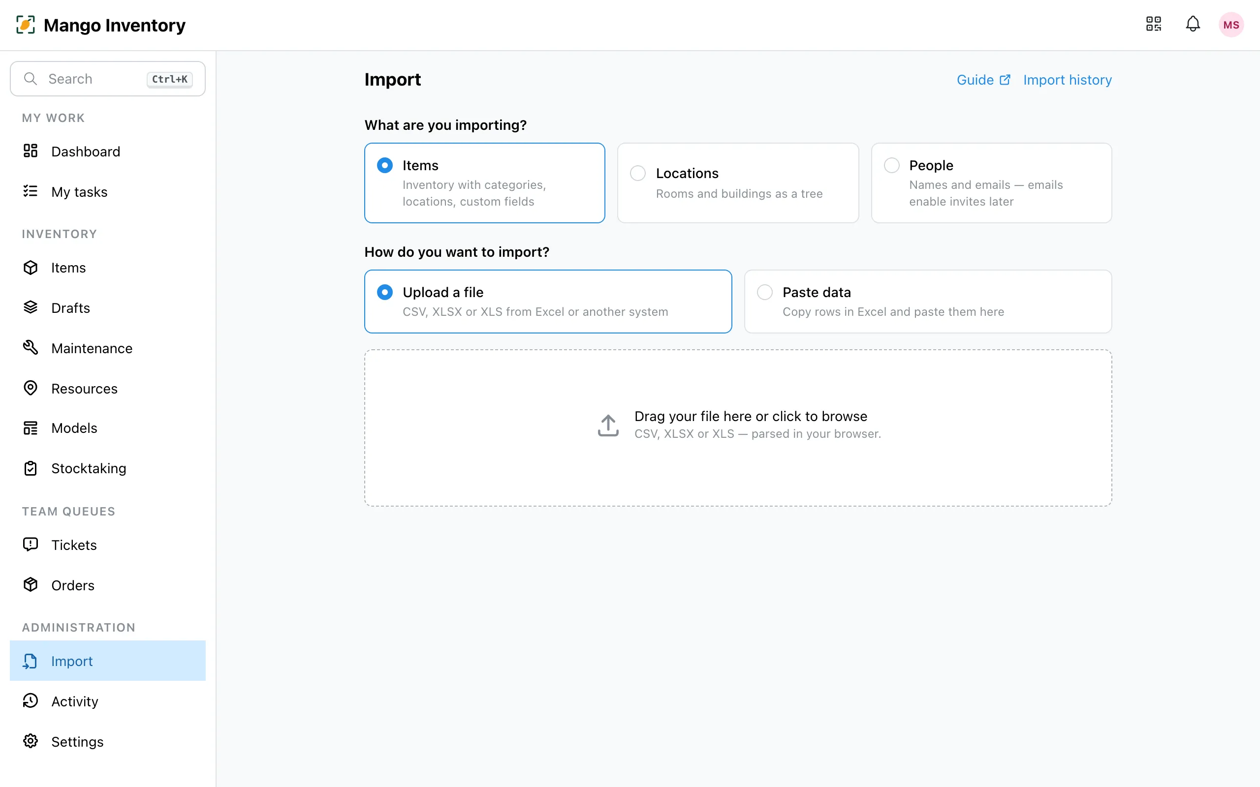 Import step 1: upload file