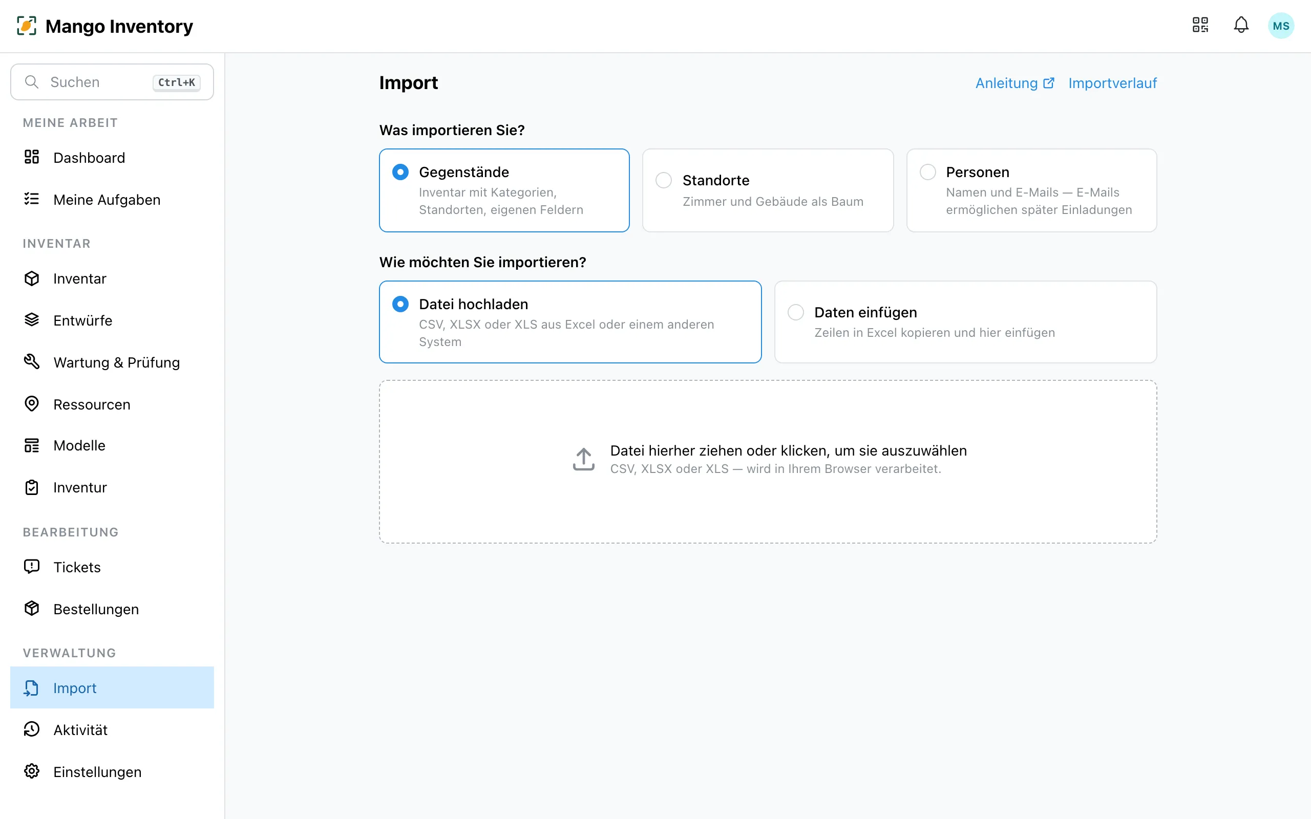 Import-Schritt 1: Datei hochladen