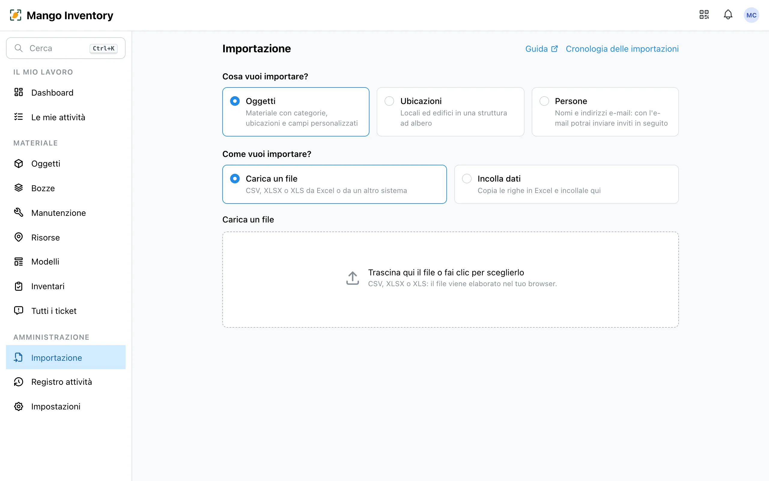 Importazione, passaggio 1: caricare il file