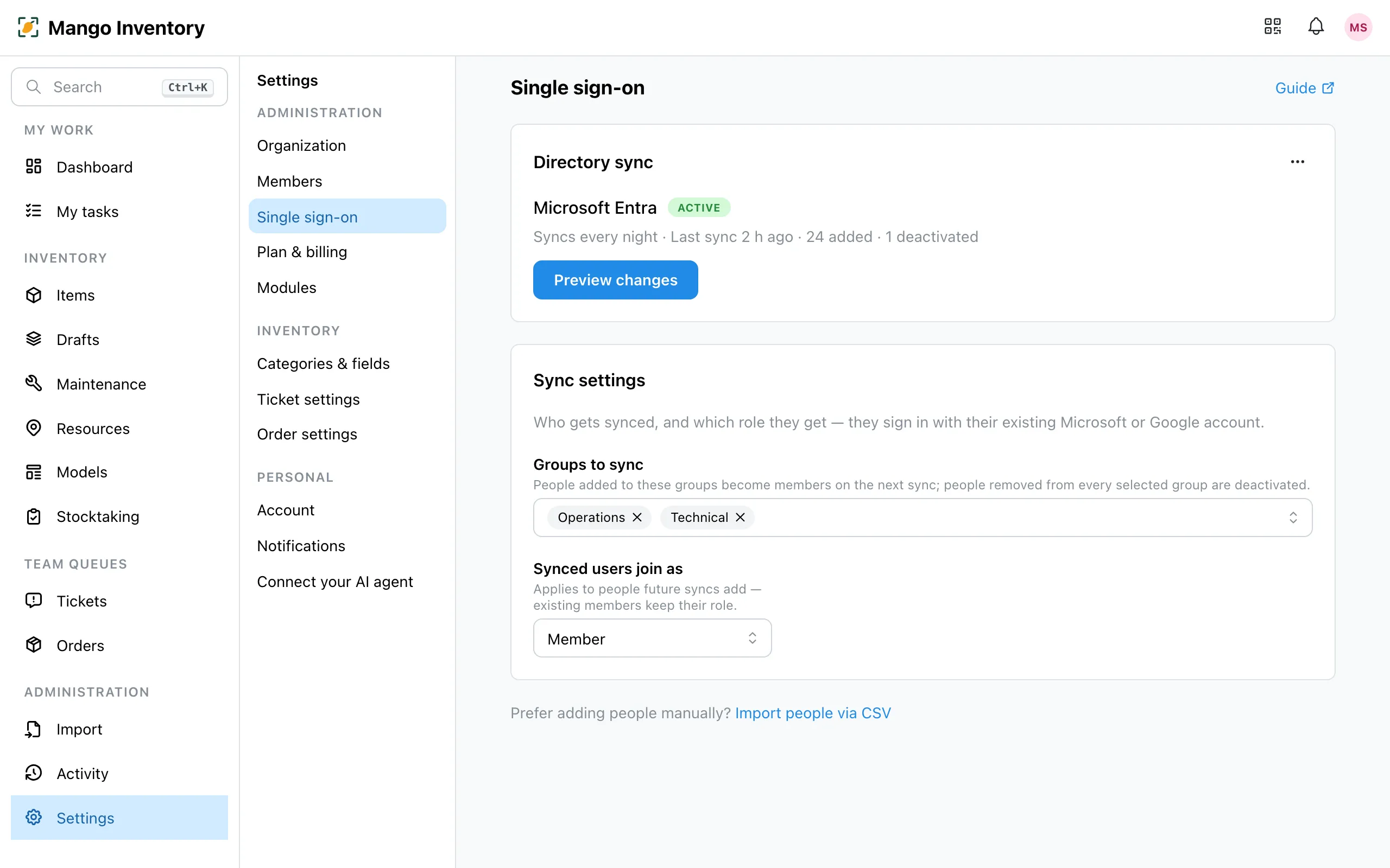 The "Single sign-on" page with the connected directory sync: provider, "Active" status and the line showing the last run