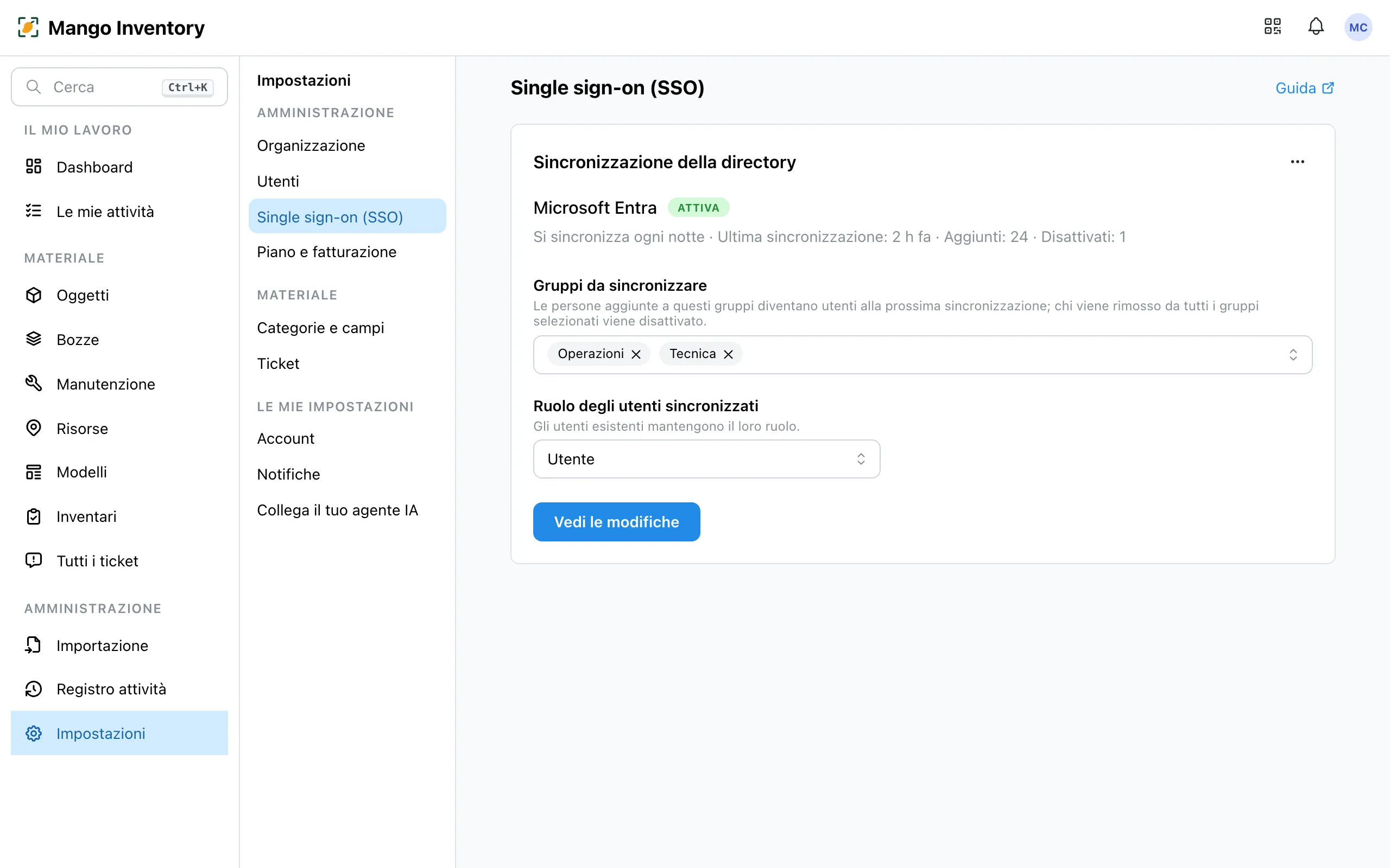 La pagina «Single sign-on (SSO)» con la sincronizzazione della directory collegata: servizio, stato «Attiva» e la riga con l'ultima esecuzione