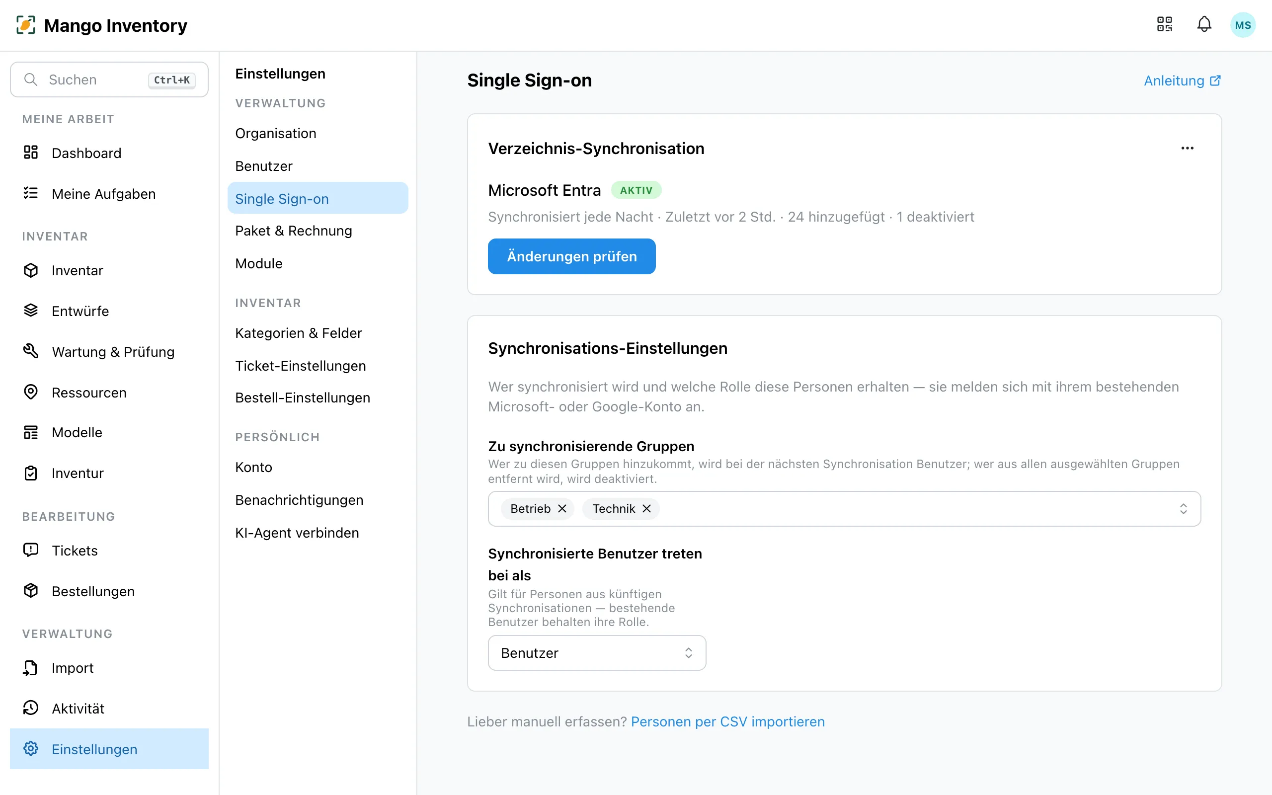 Die Seite «Single Sign-on» mit der verbundenen Verzeichnis-Synchronisation: Anbieter, Status «Aktiv» und die Zeile mit dem letzten Abgleich
