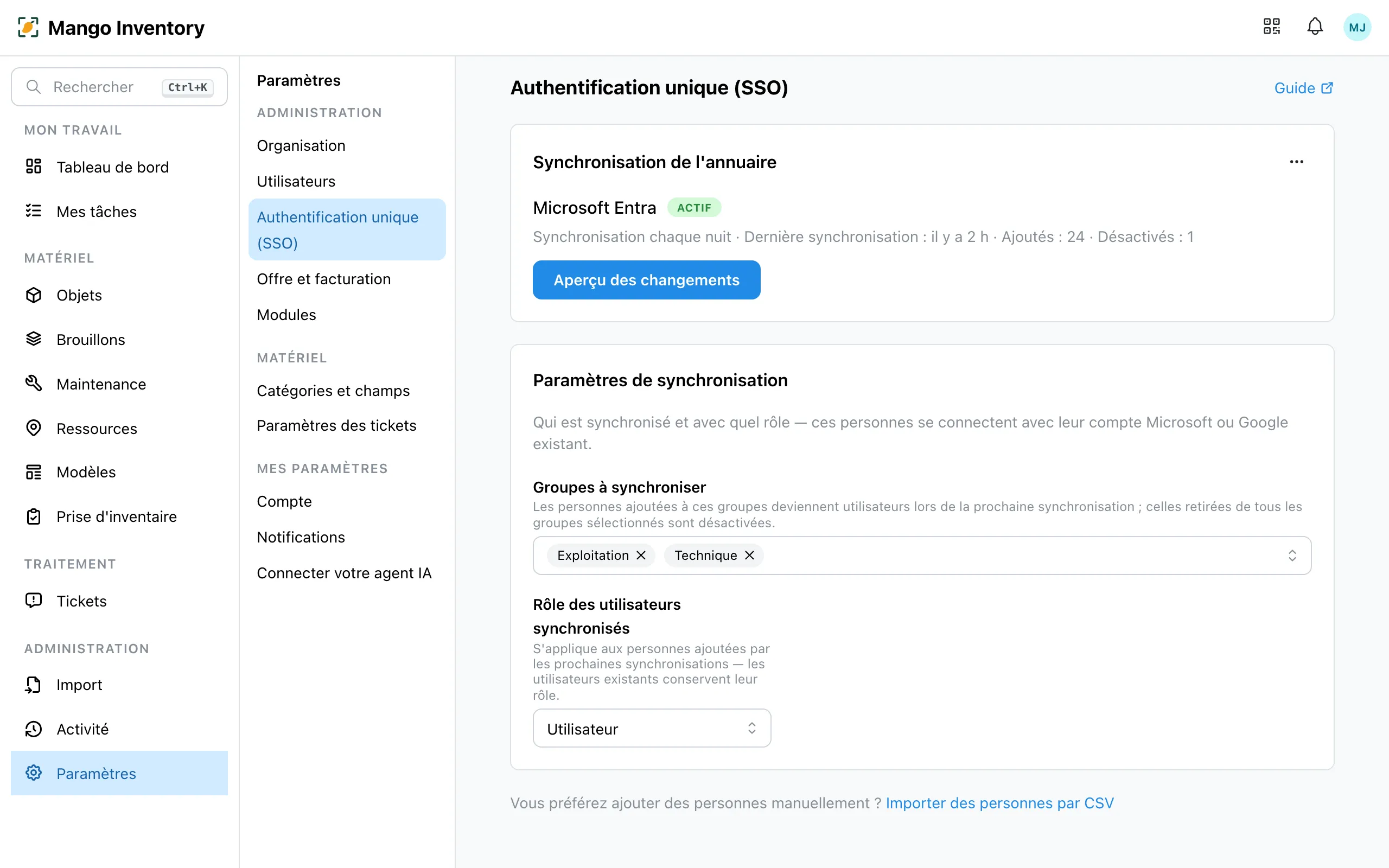 La page « Authentification unique (SSO) » avec la synchronisation de l'annuaire connectée : fournisseur, statut « Actif » et la ligne « Dernière synchronisation »