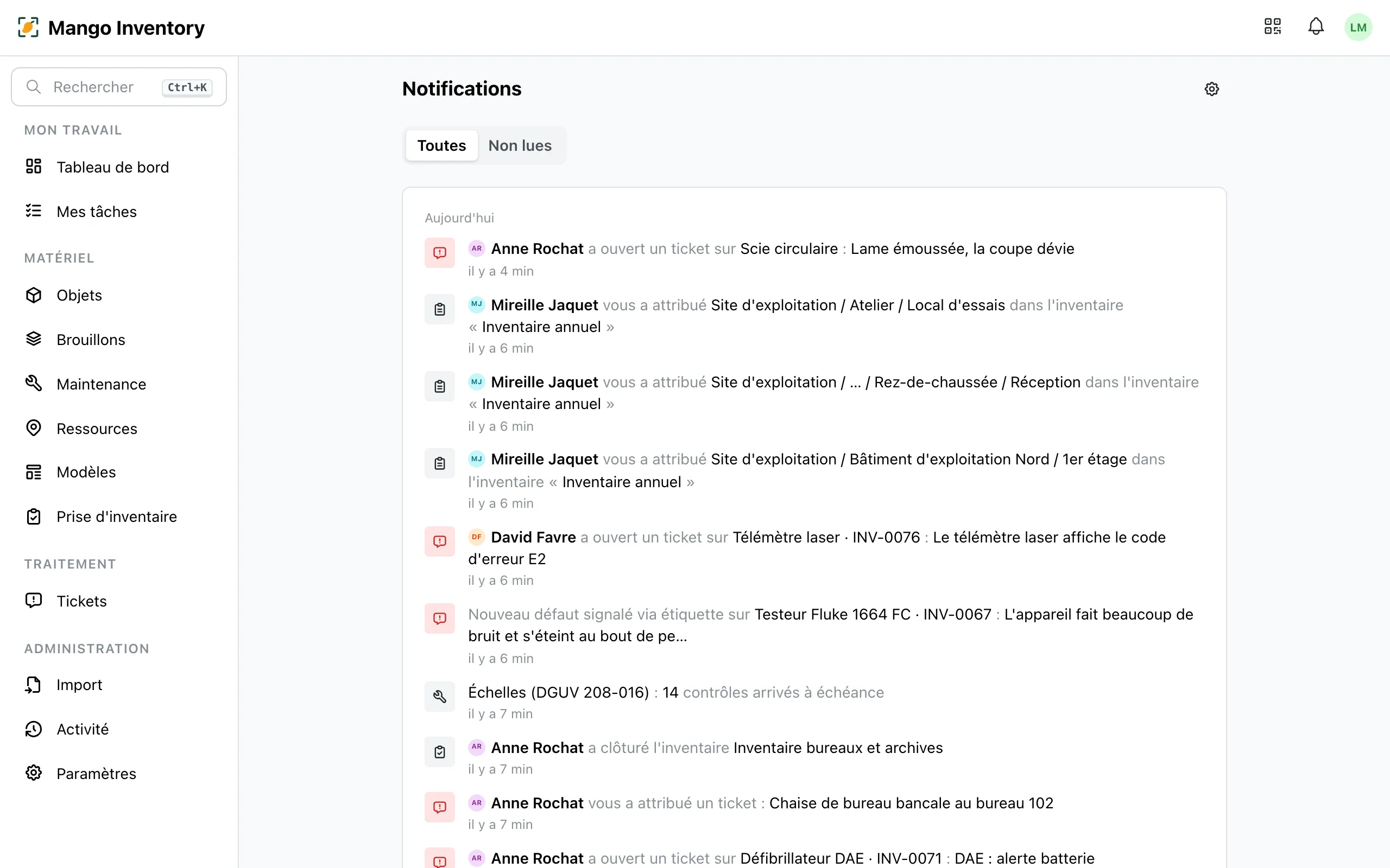 Historique des notifications