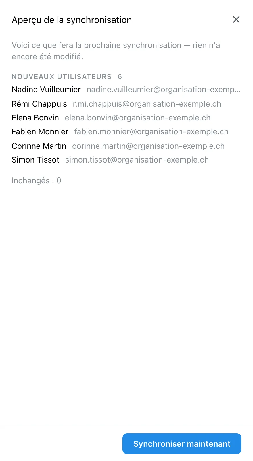 L'aperçu de la synchronisation avec la section « Nouveaux utilisateurs » et le bouton « Synchroniser maintenant »