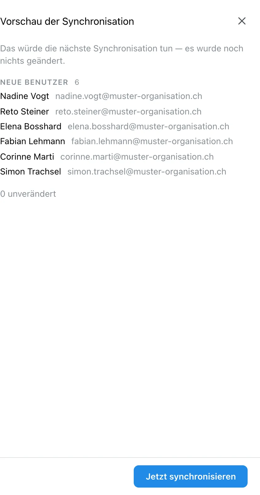 Die Vorschau der Synchronisation mit dem Abschnitt «Neue Benutzer» und der Schaltfläche «Jetzt synchronisieren»