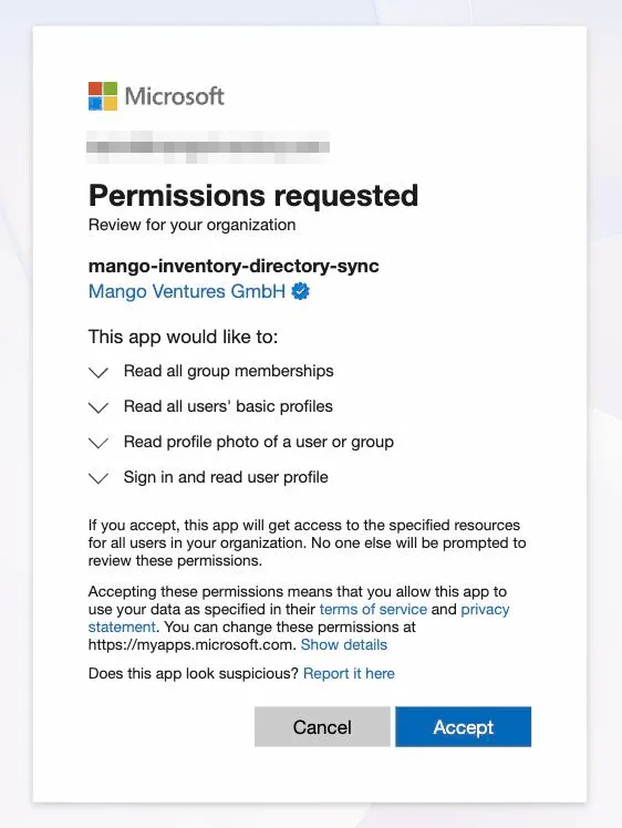 The Microsoft consent page with the requested read permissions and the confirm button