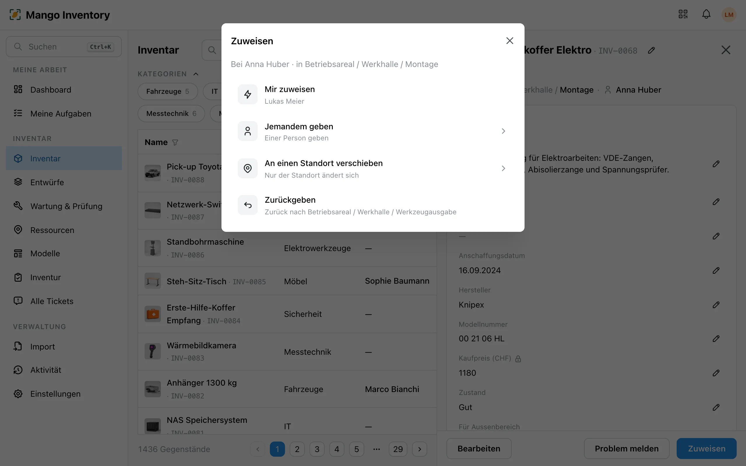 Zuweisen-Dialog mit den vier Aktionen