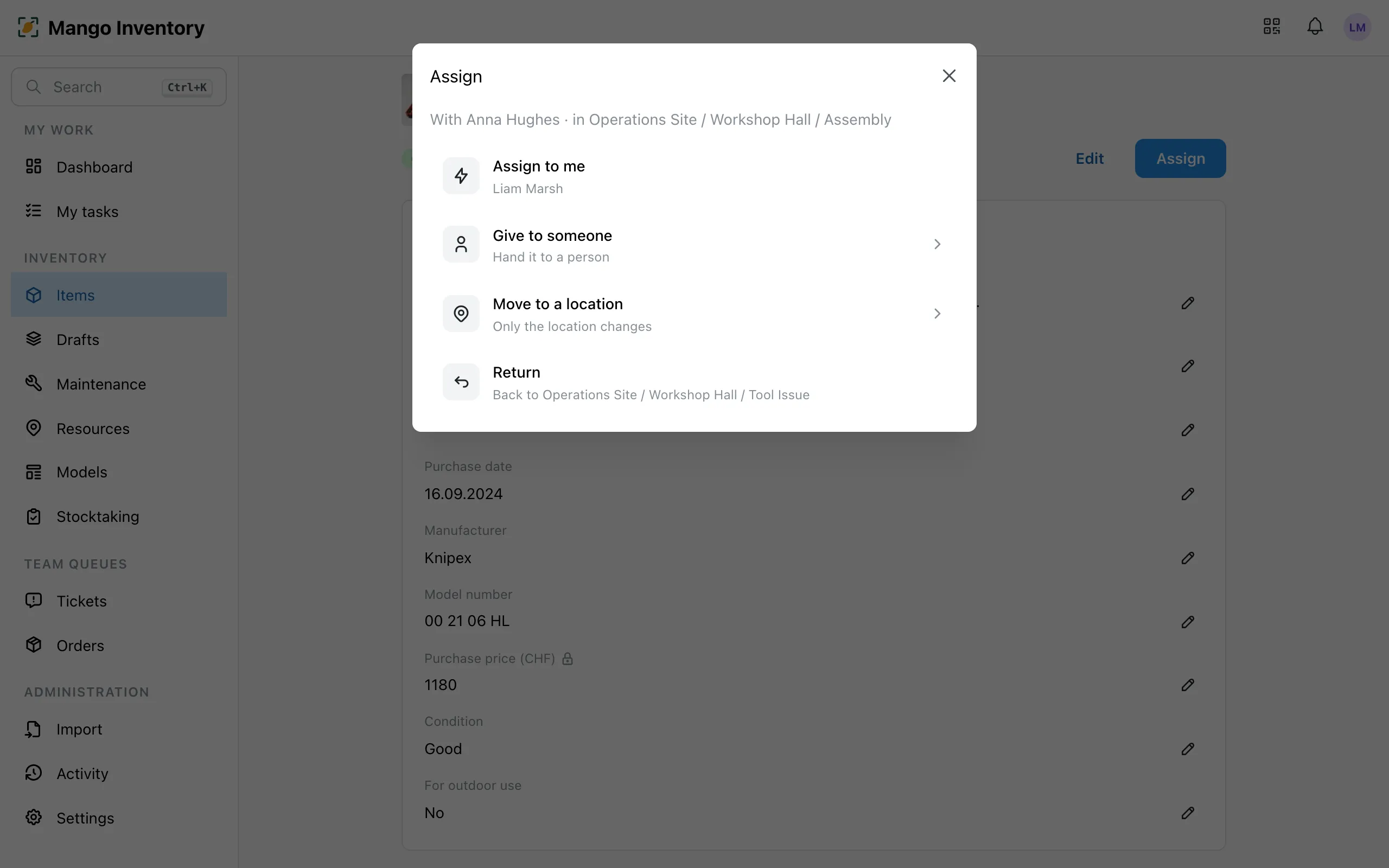 Assign dialog with the four actions