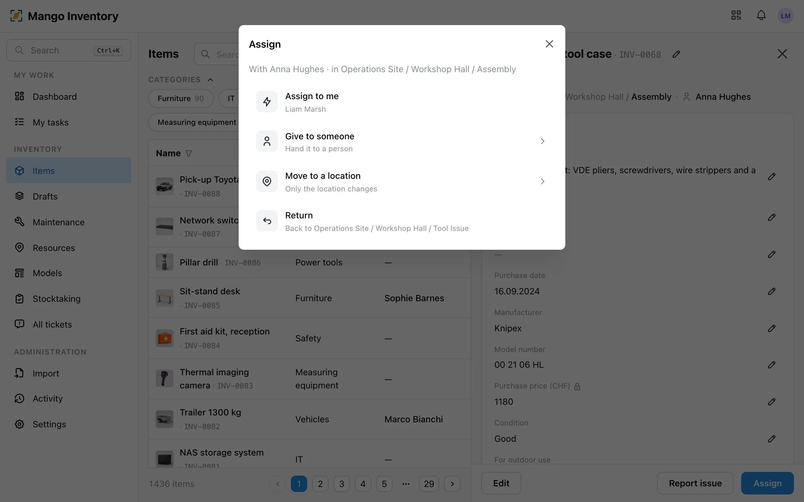 Assign dialog with the four actions