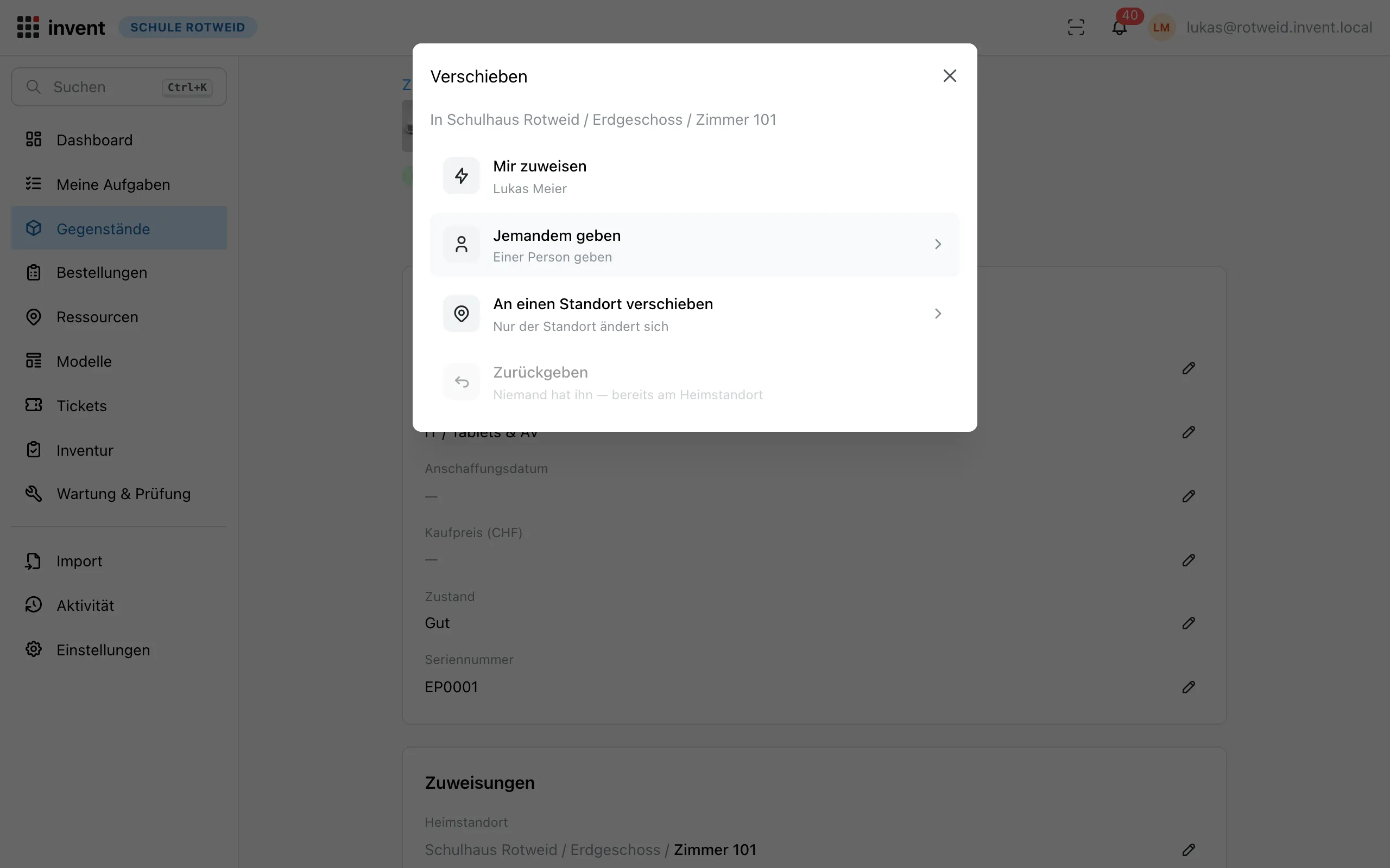 Verschieben-Dialog mit den vier Aktionen